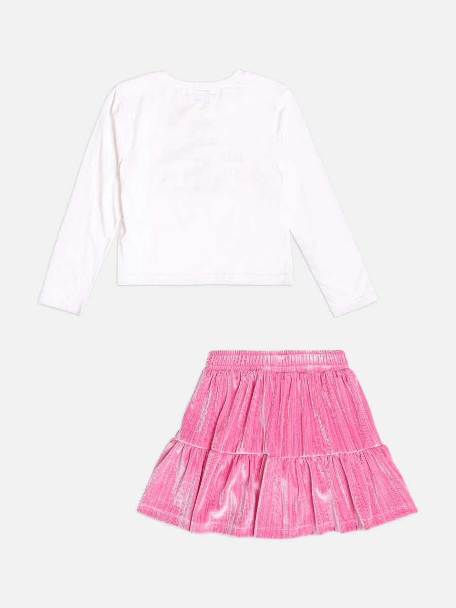 Conjunto Infantil Momi Inverno com Saia Rosa e Blusa Manga Longa Lacinho Paetê