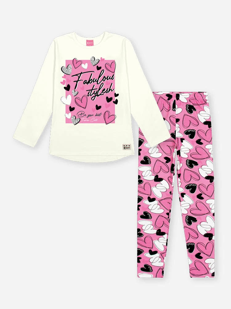 Conjunto Infantil Cinti Inverno com Calça Legging Rosa e Blusa Manga Longa Corações