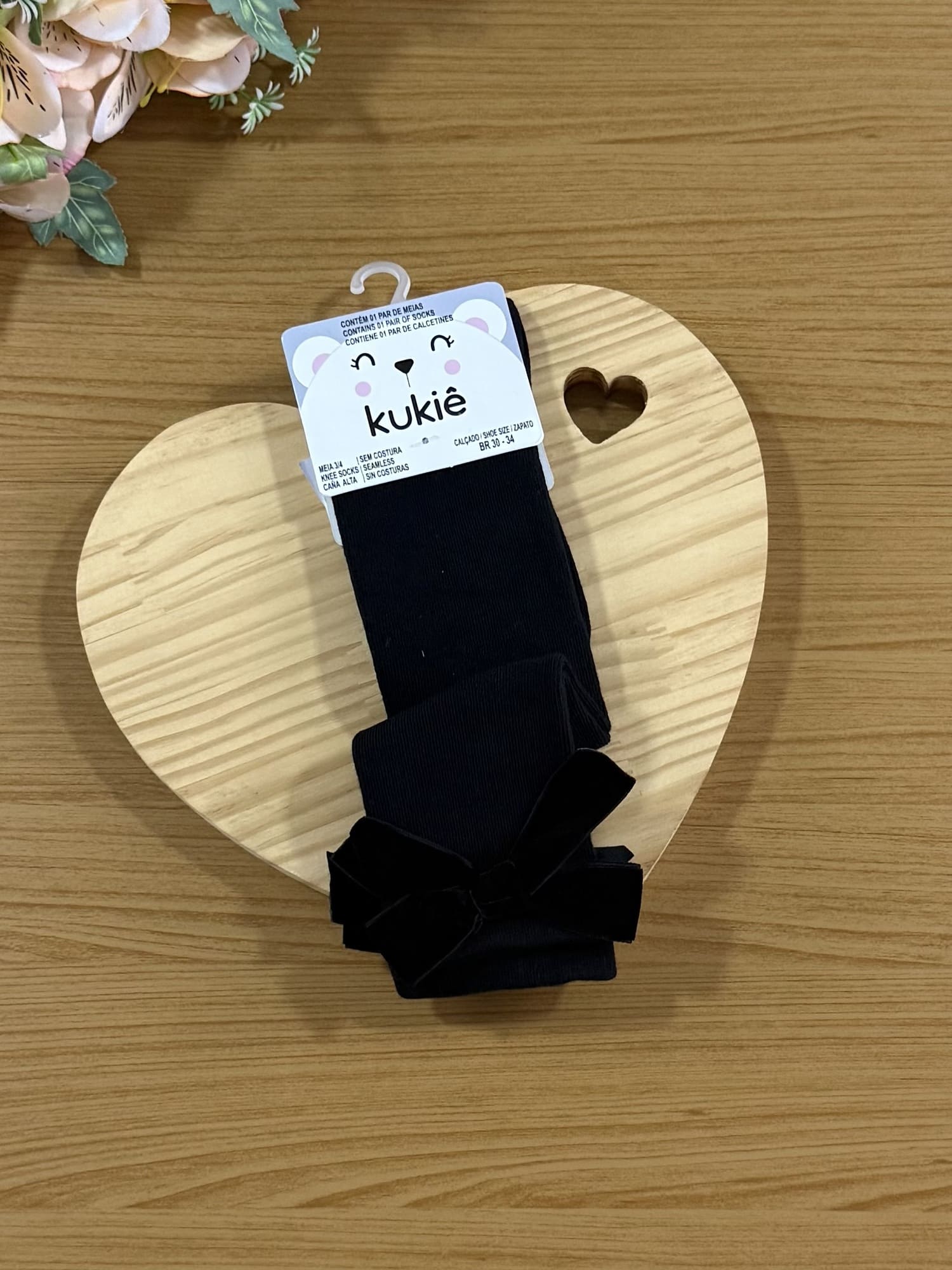 Meia Infantil 3/4 Kukie Inverno Preta Laço