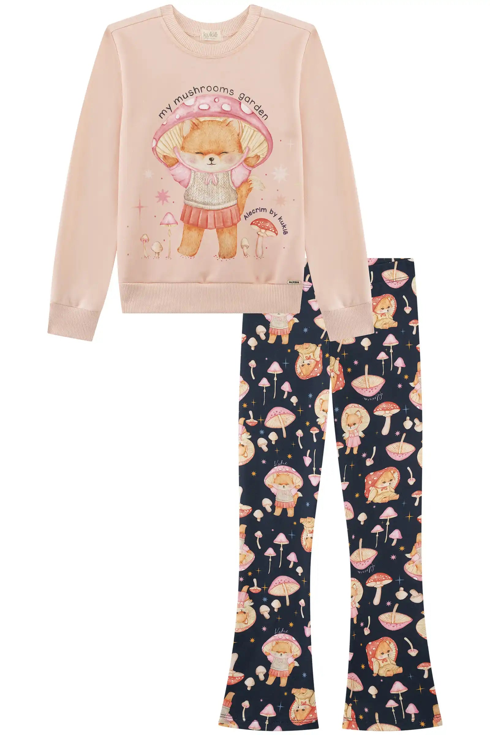 Conjunto Infantil Kukiê Inverno com Calça Térmica Azul Marinho e Moletom Flanelado Raposinha Cogumelo