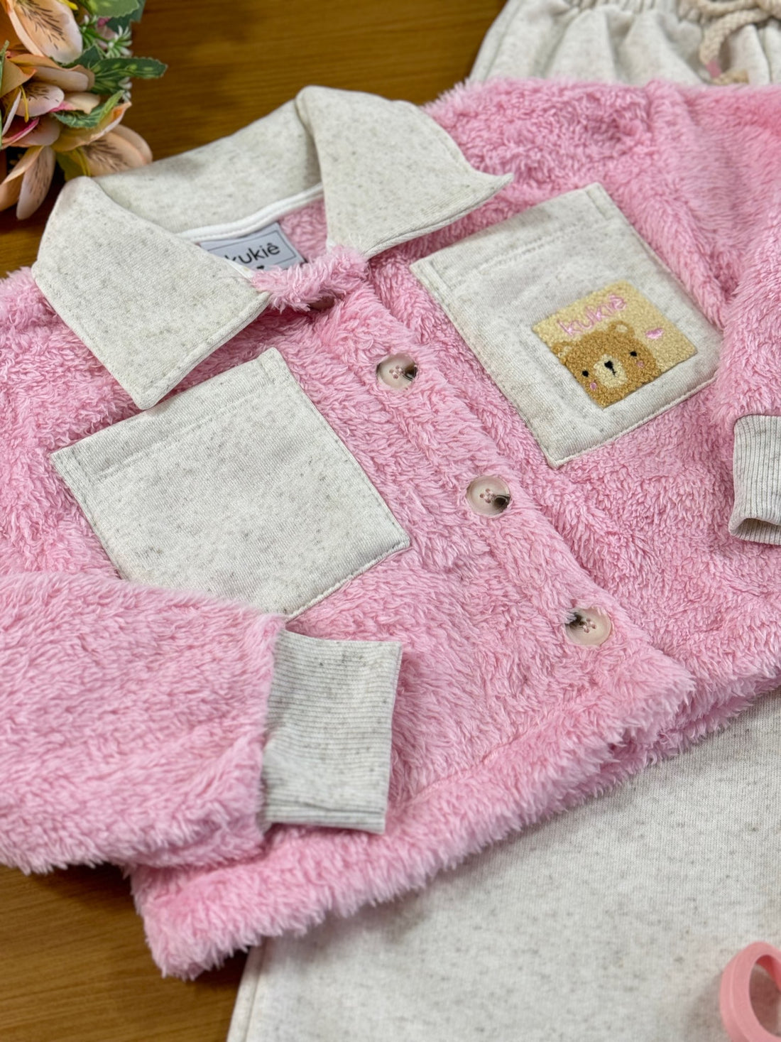Conjunto Infantil Kukie Inverno Calça Wide Leg e Jaqueta Rosa Ursinho