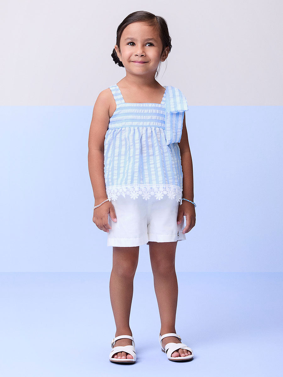 Conjunto Infantil Momi Verão Com Shorts e Blusa Azul Listrado Com Laço