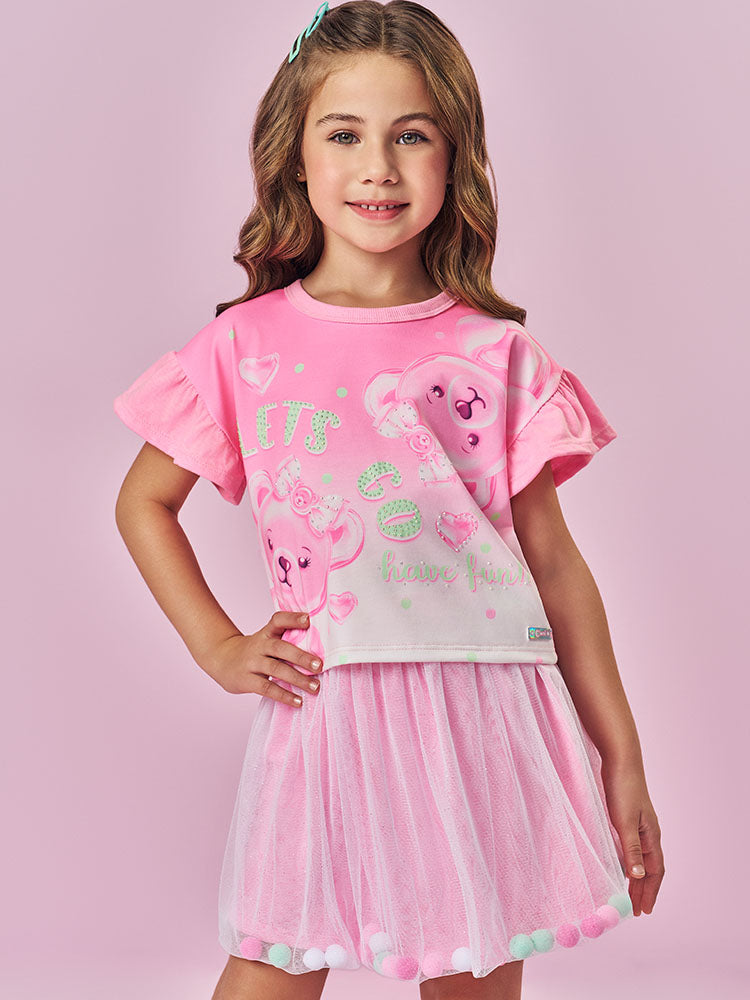 Saia Infantil Cinti Verão Rosa em Tule com Glitter