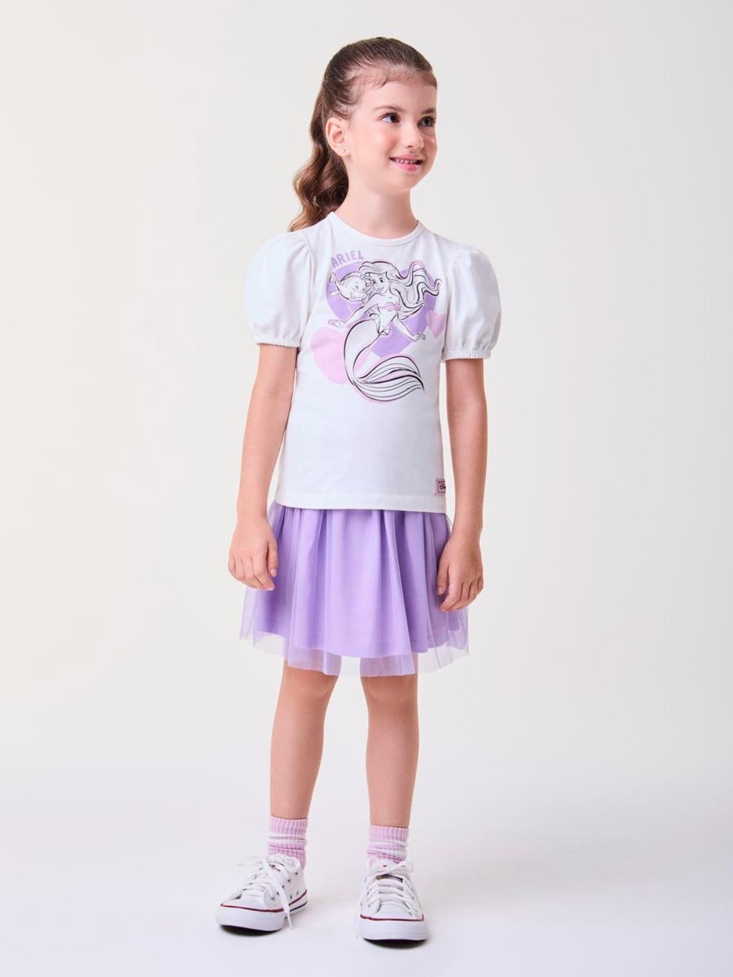 Conjunto Infantil Bimbi Verão com Saia em Tule Rosa e Blusa Branca Ariel Disney
