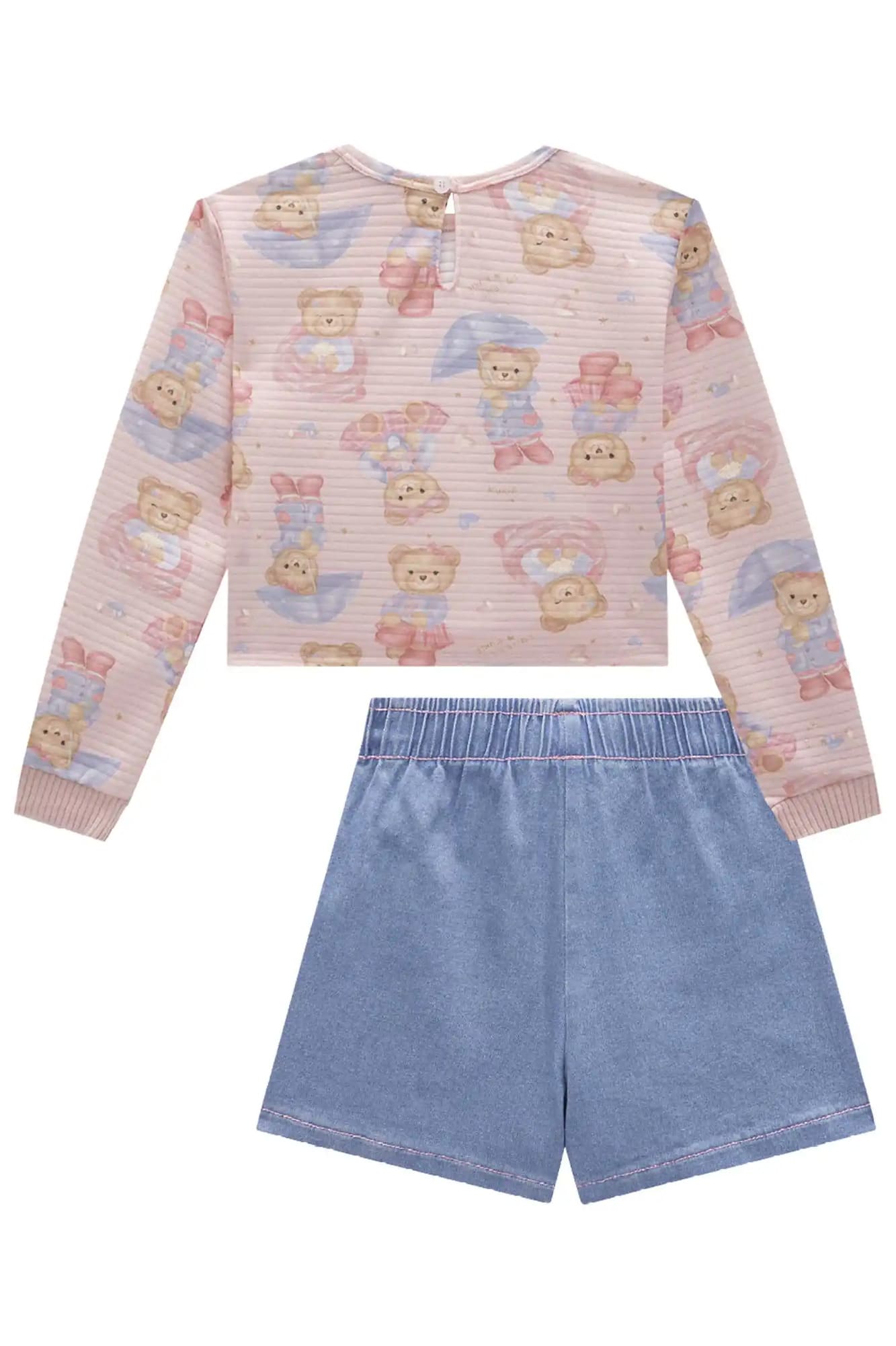 Conjunto Infantil Kukiê Inverno com Shorts Saia Jeans e Blusa Manga Longa Rosa Ursinhas