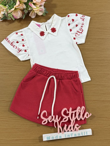 Conjunto Infantil Cinti Verão Shorts e Blusa Branca com Florzinha  Vermelha