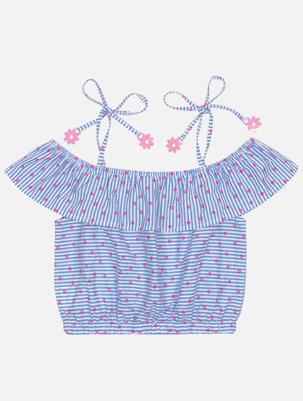 Conjunto Infantil Catavento Verão Shorts e Blusa Azul Listrada com Florzinhas