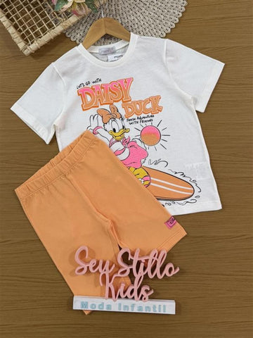 Conjunto Infantil Momi Verão com Shorts Ciclista Laranja e Blusa Branca Daisy Duck Disney