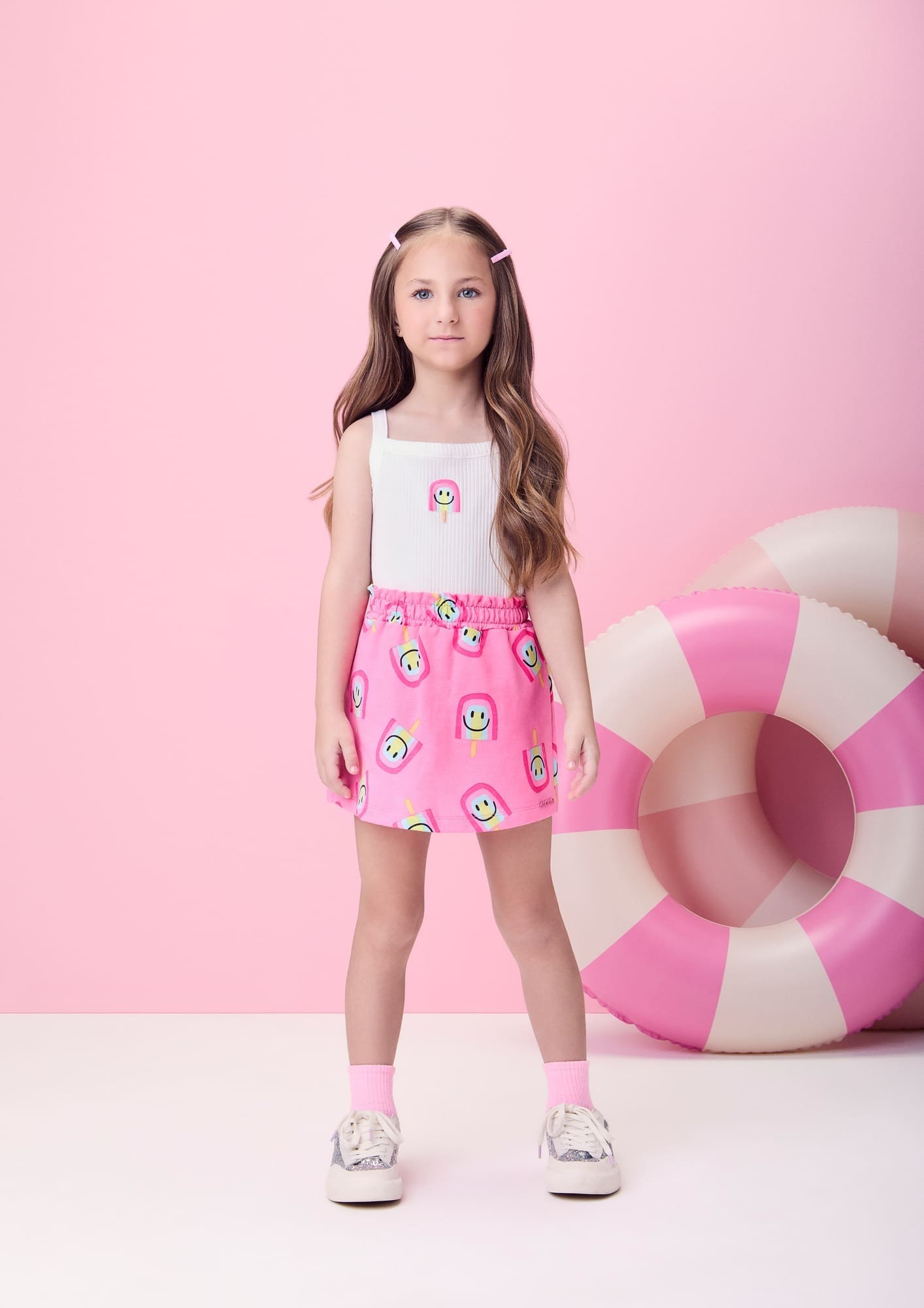 Conjunto Infantil Momi Verão com Shorts Saia Rosa e Regata Branca Sorvetinho