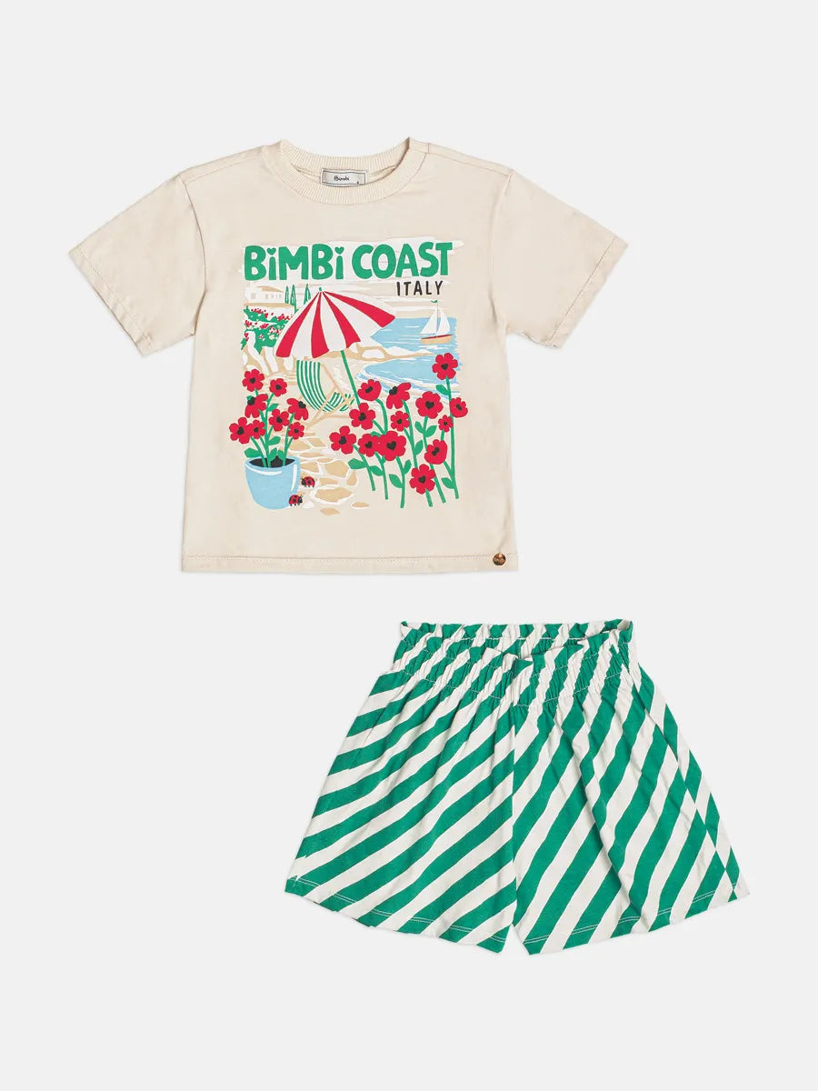 Conjunto Infantil Menina Bimbi Shorts Listrado Verde e Blusa Bege Praia