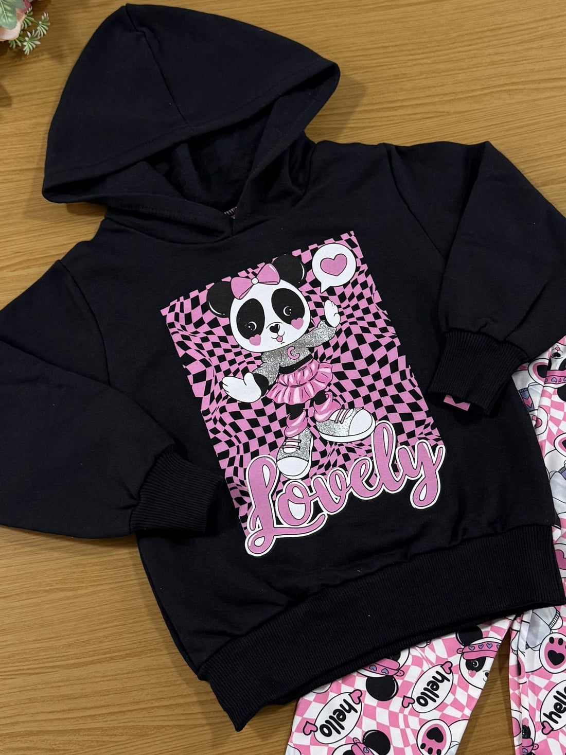 Conjunto Infantil Cinti Inverno Calça Legging e Moletom Flanelado Preto Panda