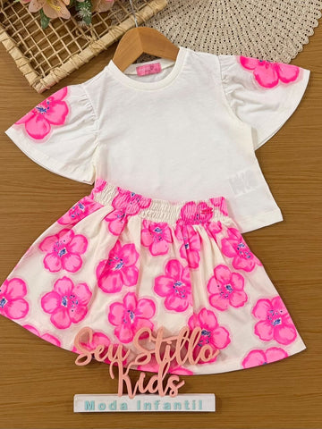 Conjunto Infantil Menina Momi Com Saia Floral e Blusa Branca