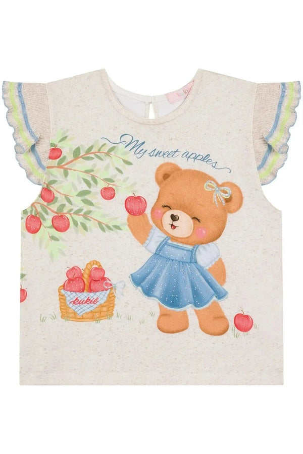 Blusa Infantil Kukiê Verão Off White Ursinha Maçã