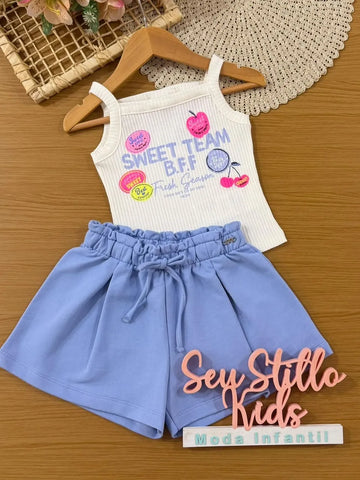 Conjunto Infantil Menina Momi com Shorts Azul e Blusa Branca Sweet Team