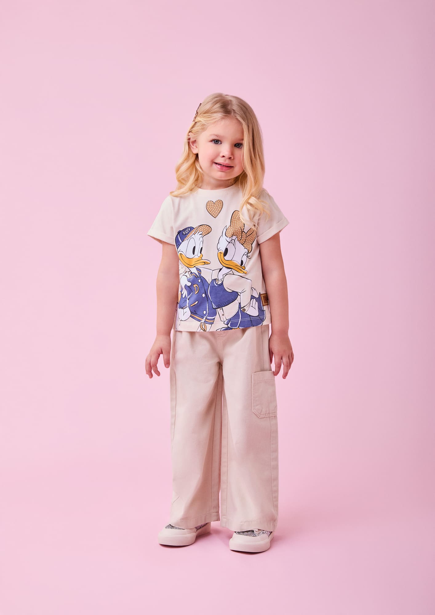 Blusa Infantil Momi Inverno Manga Curta Bege Donald e Daisy Disney