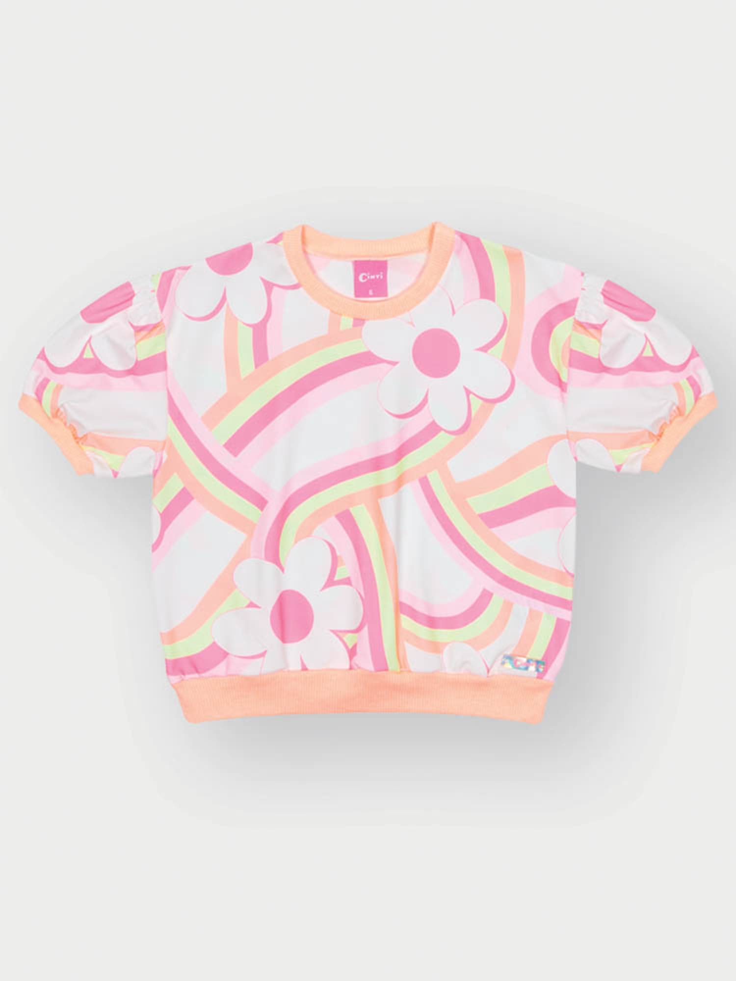 Conjunto Infantil Cinti Verão com Shorts e Blusa Branca Arco-íris Floral