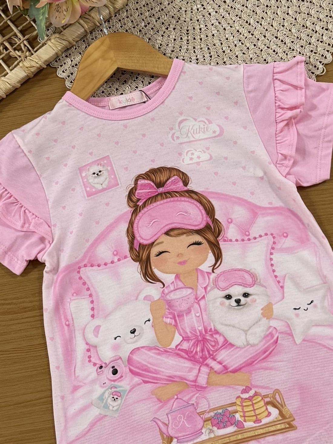 Camisola Infantil Kukiê Verão Rosa Menina Hora de Dormir