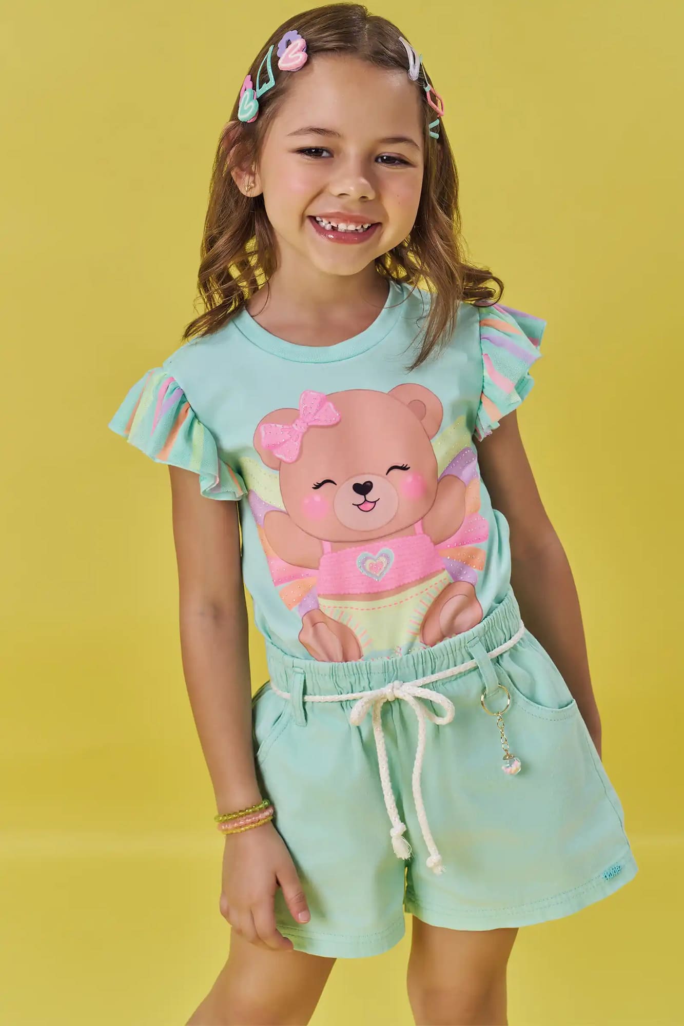 Blusa Infantil Kukiê Verão Verde Ursinha Arco-íris com Strass