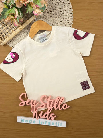 Blusa Infantil Momi Inverno Manga Curta Bege Hello Kitty Coração