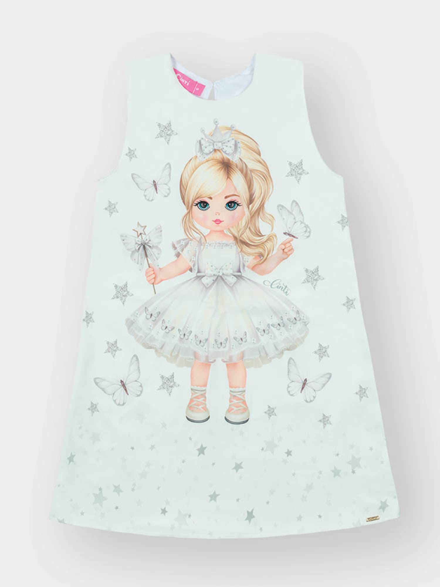 Vestido Infantil Cinti Verão Branco Princesinha com Sobreposição em Tule Borboletas