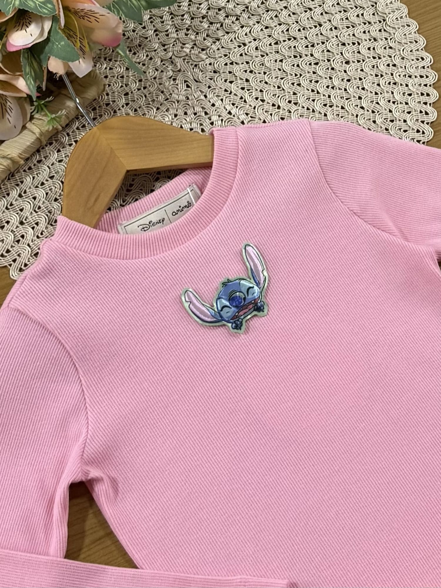 Blusa Infantil Animê Inverno Manga Longa Rosa Stitch Disney