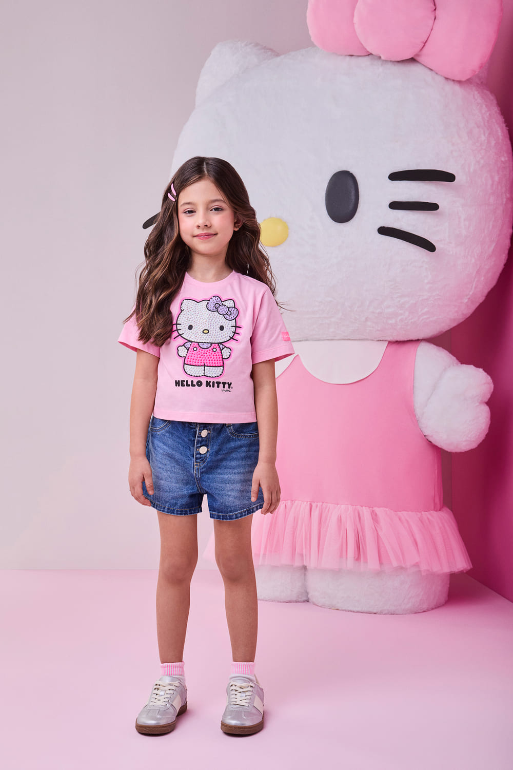 Blusa Infantil Momi Verão Rosa Hello Kitty Strass