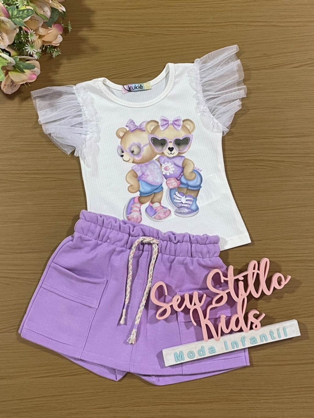 Conjunto Infantil Kukie Verão Shorts Saia Lilás e Blusa Ursinha