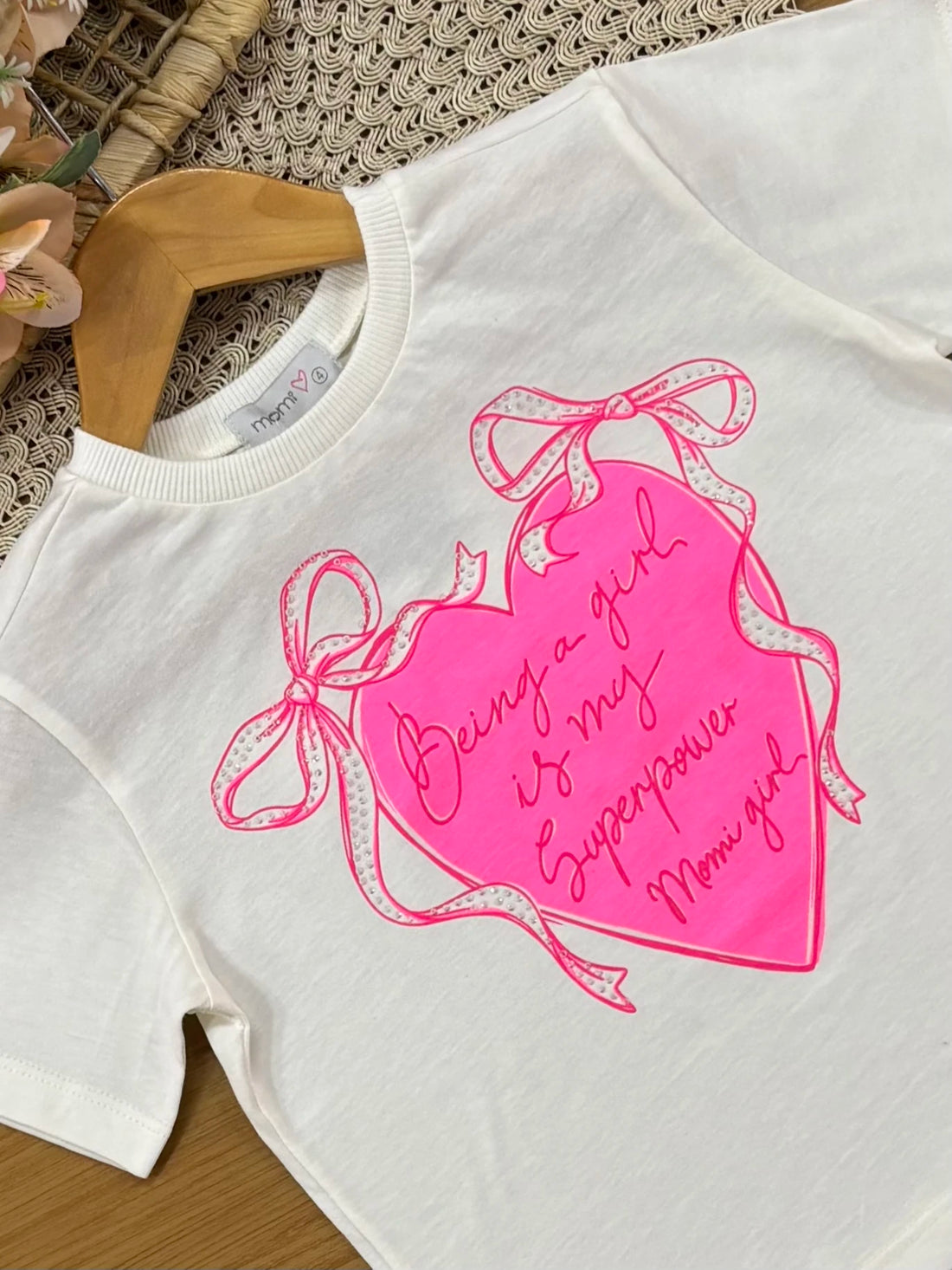 Conjunto Infantil Momi Inverno com Saia Rosa em Tule e Blusa Manga Curta Coração