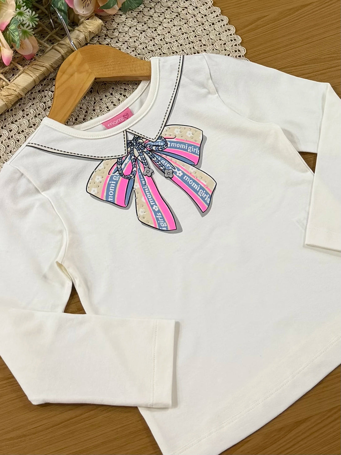 Conjunto Infantil Momi Inverno com Shorts Azul e Blusa Manga Longa Lacinho Colorido