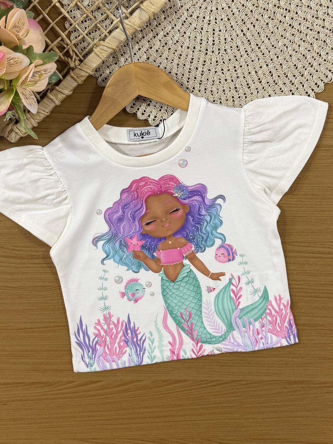 Conjunto Infantil Kukiê Verão com Short-Saia Rosa e Blusa Branca Sereia