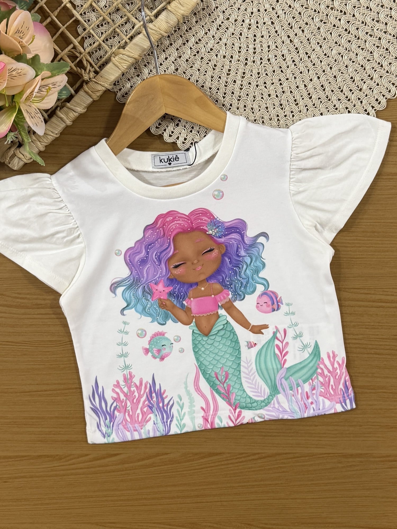Conjunto Infantil Kukiê Verão com Short-Saia Rosa e Blusa Branca Sereia