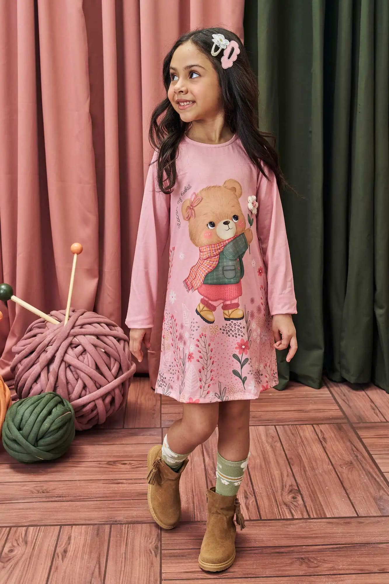 Vestido Infantil Kukie Alecrim Inverno Rosa Ursinha