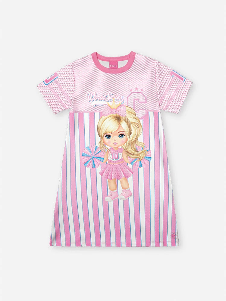 Vestido Infantil Cinti Verão Rosa Listrado Lider de Torcida World Series