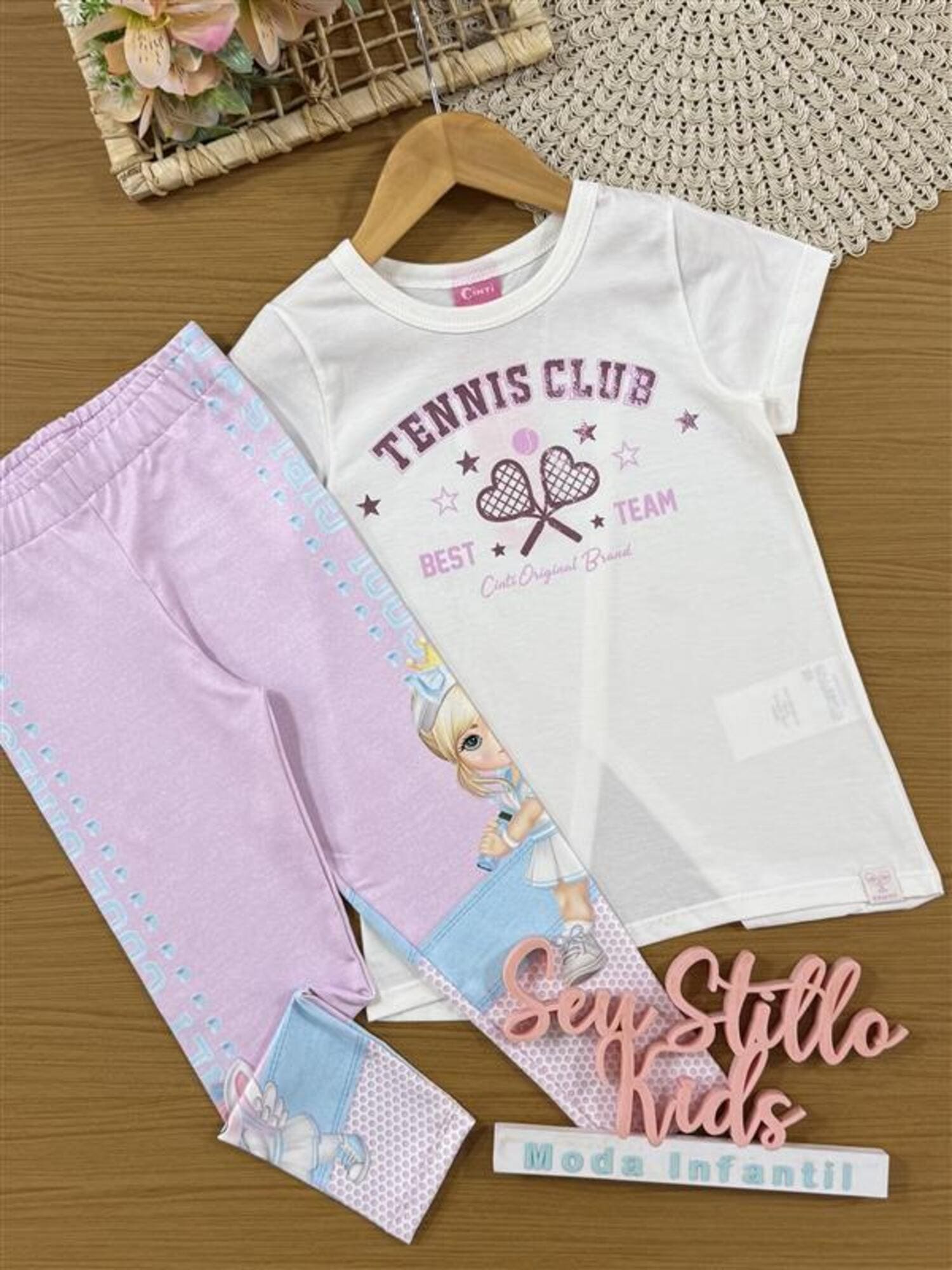 Conjunto Infantil Cinti Verão com Calça Legging Rosa e Blusa Branca Tennis Club