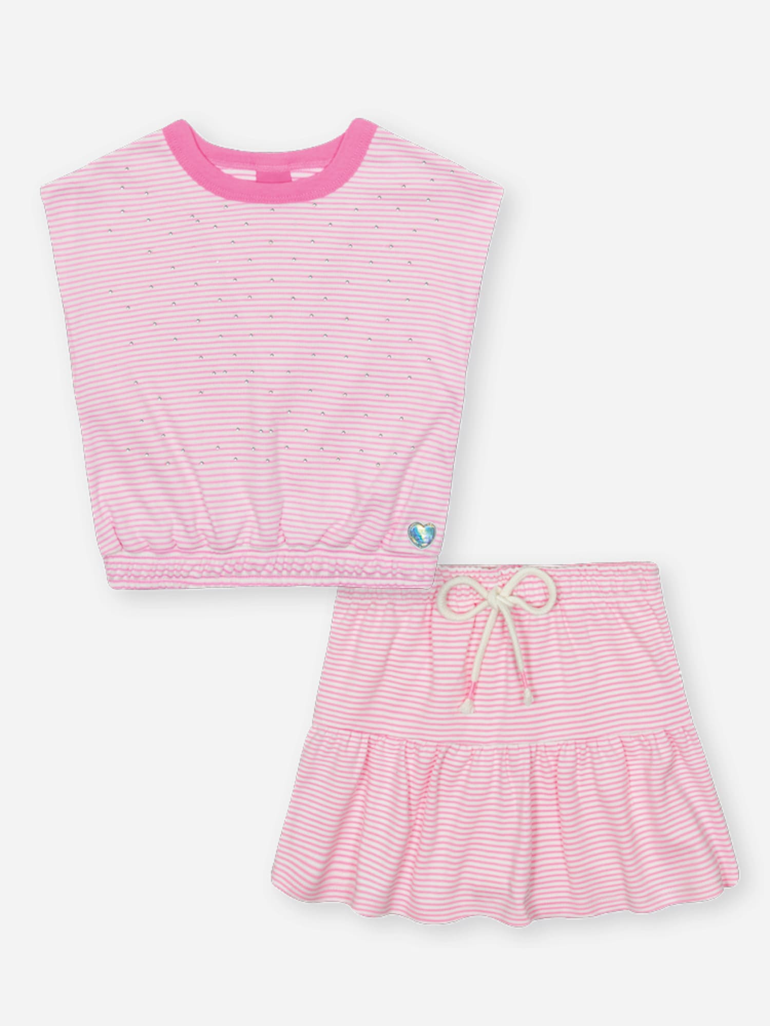 Conjunto Infantil Cinti Verão com Saia e Blusa Rosa Listrada