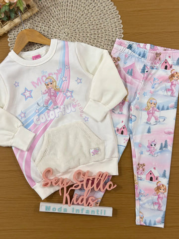 Conjunto Infantil Cinti Inverno com Calça Legging e Casaco Branco Menina Esqui