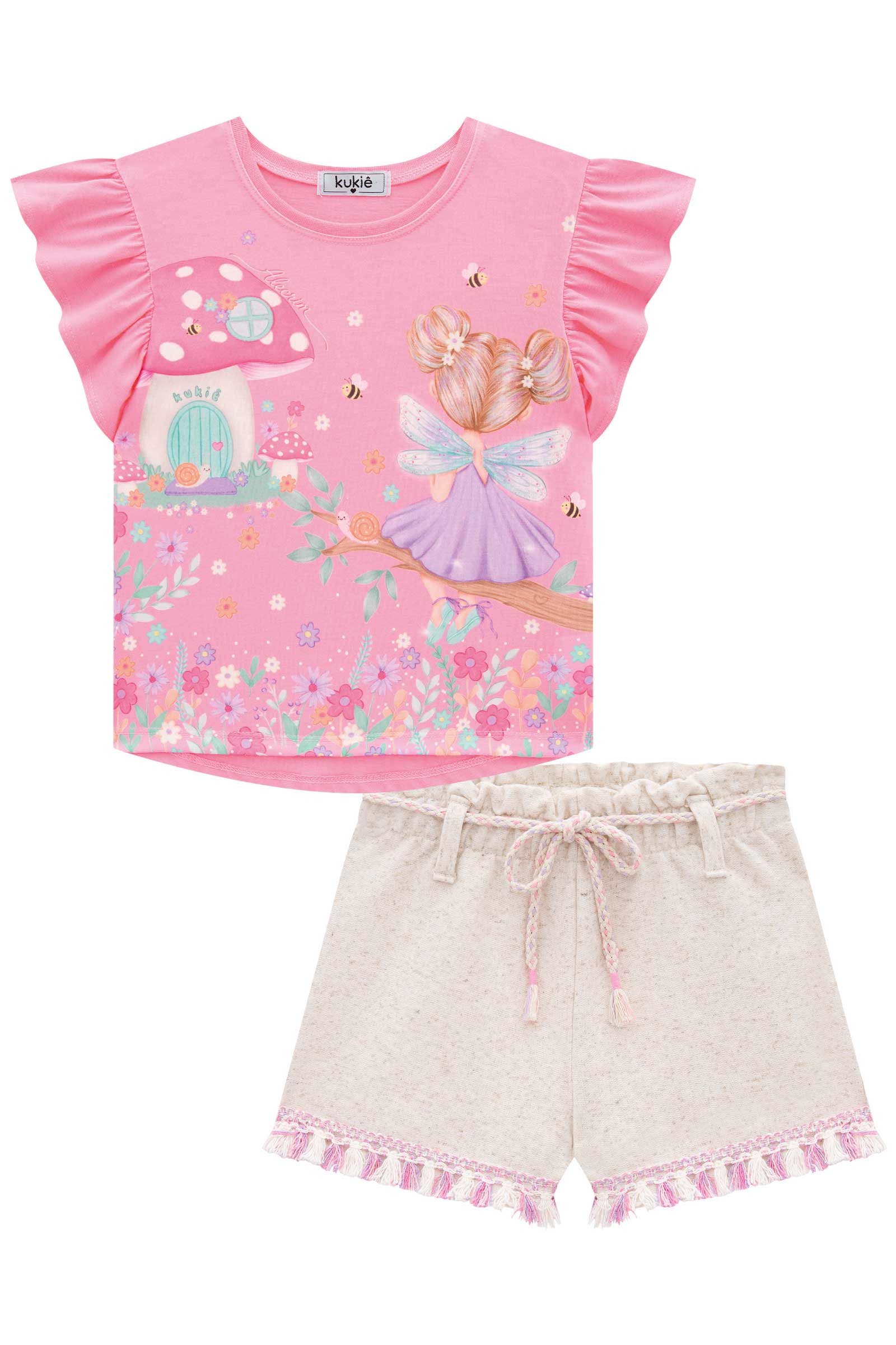 Conjunto Infantil Kukie Alecrim Verão Shorts e Blusa Rosa Fadinha