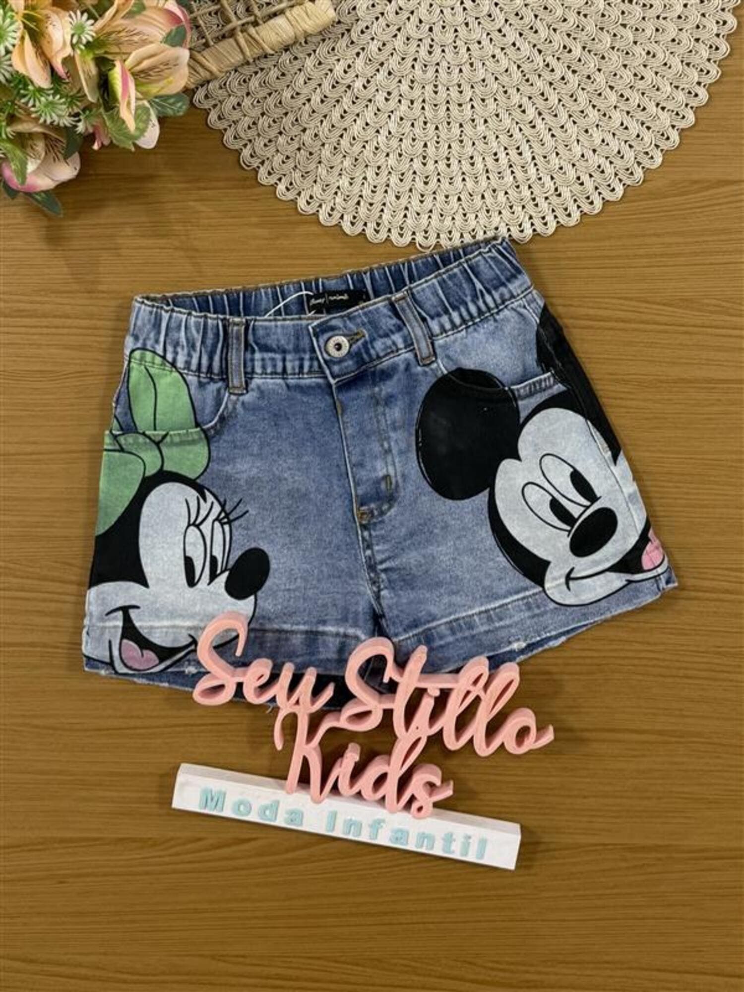Shorts Infantil Animê Verão Jeans Minnie e Mickey Disney