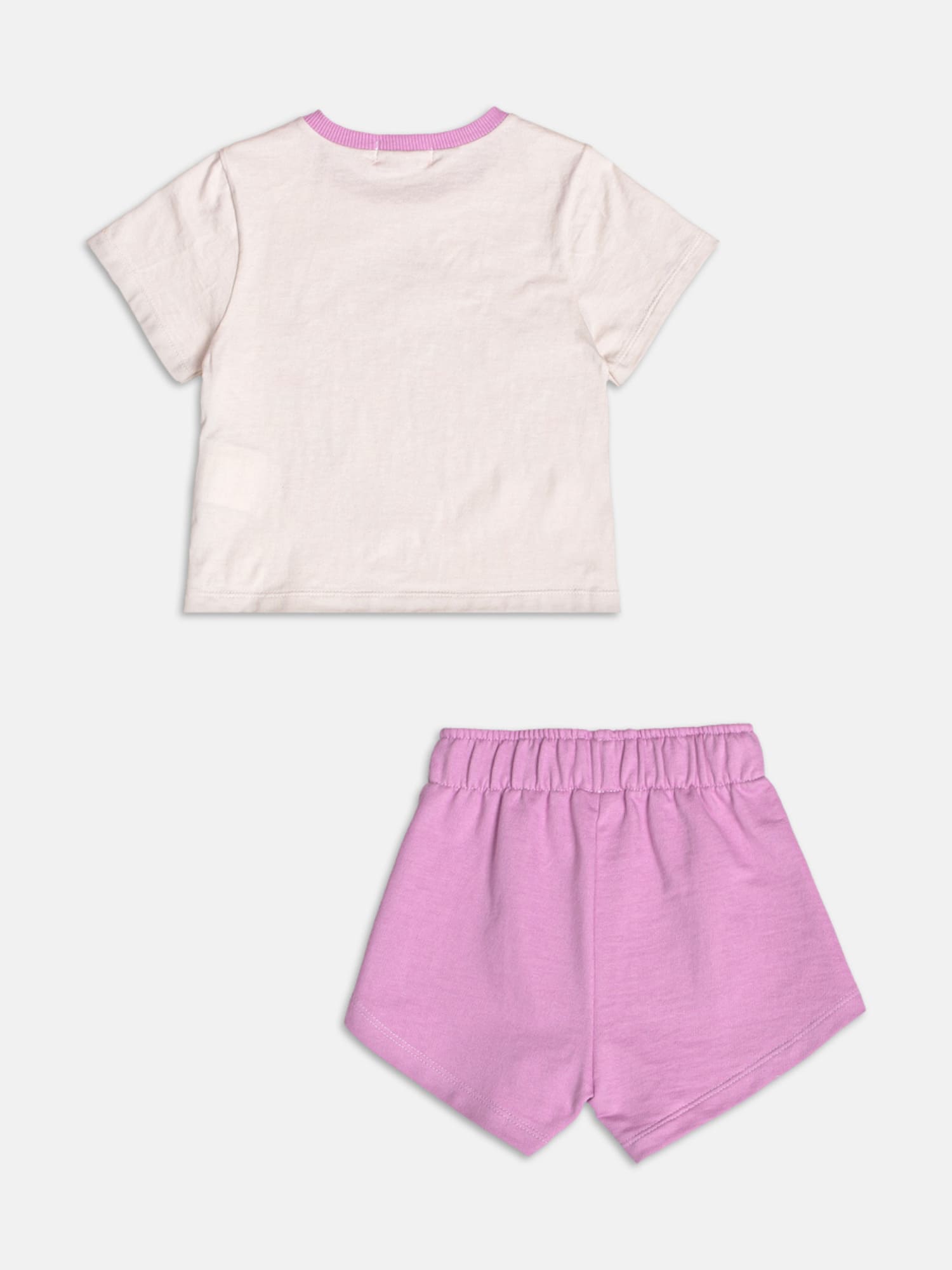 Conjunto Infantil Momi Verão com Shorts Lilás e Blusa Bege Los Angeles