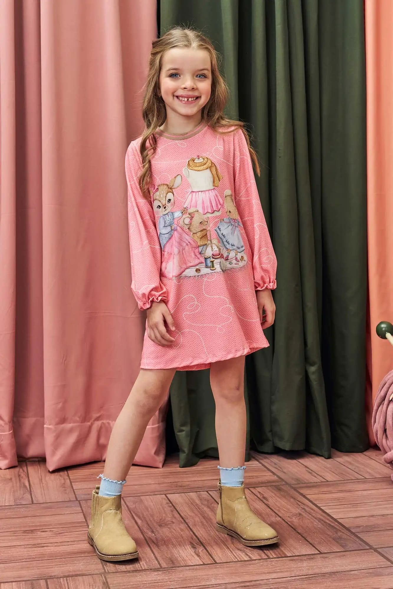 Vestido Infantil Kukie Inverno Rosa Rena Costureira