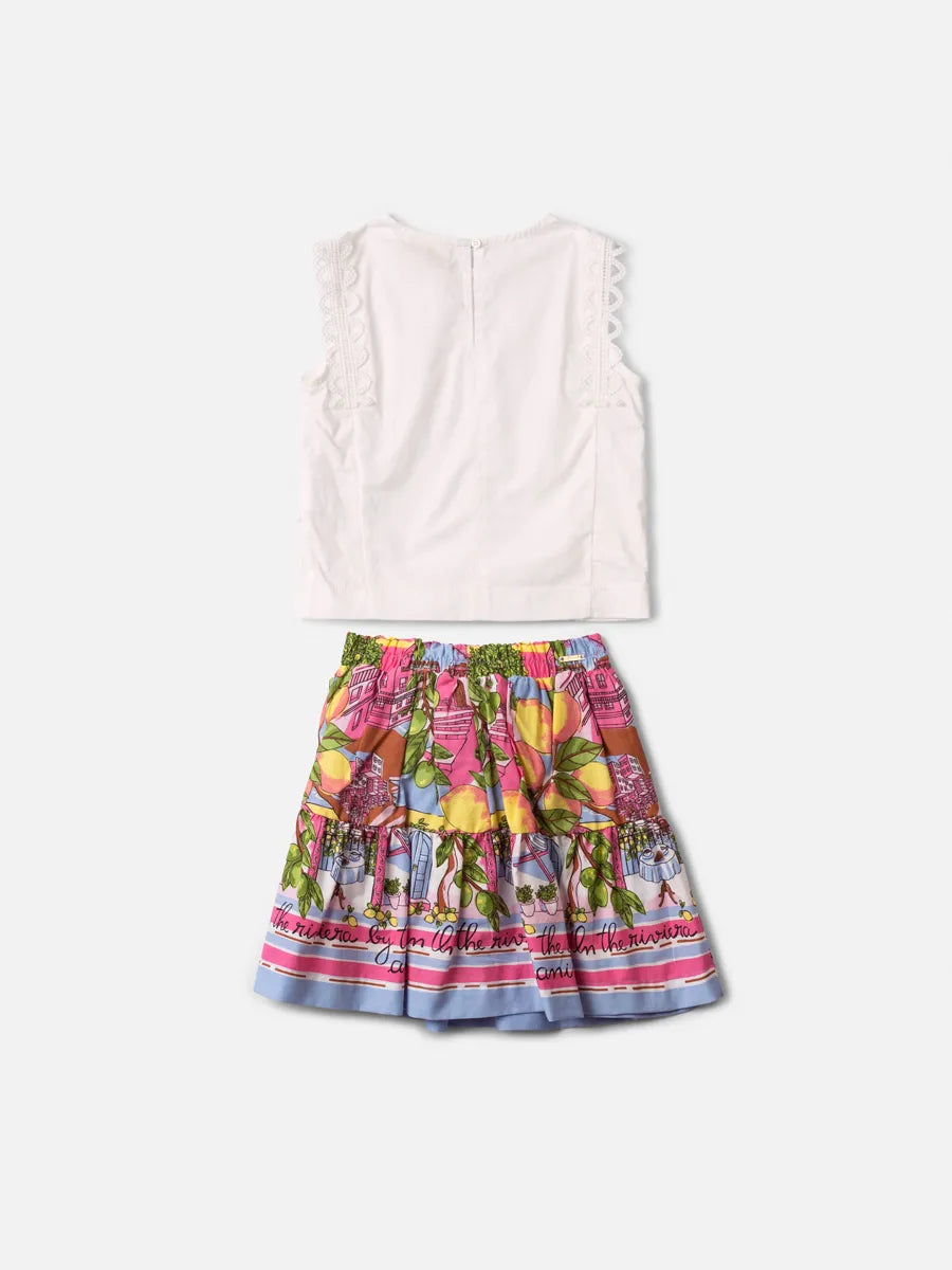 Conjunto Infantil Menina Animê com Saia Estampada e Blusa Off White Bordada
