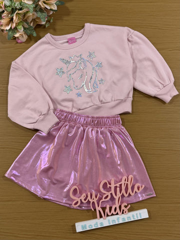 Conjunto Infantil Cinti Inverno Saia e Moletom Flanelado Rosa Unicórnio