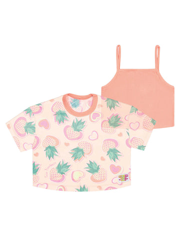 Blusa Infantil Cinti Verão Com Sobreposição Tule Laranja Abacaxi