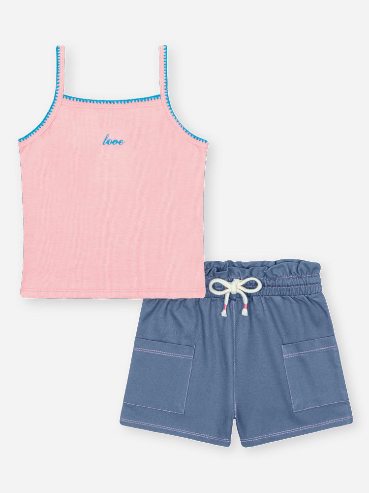 Conjunto Infantil Belime Verão com Shorts Azul e Regata Rosa Love