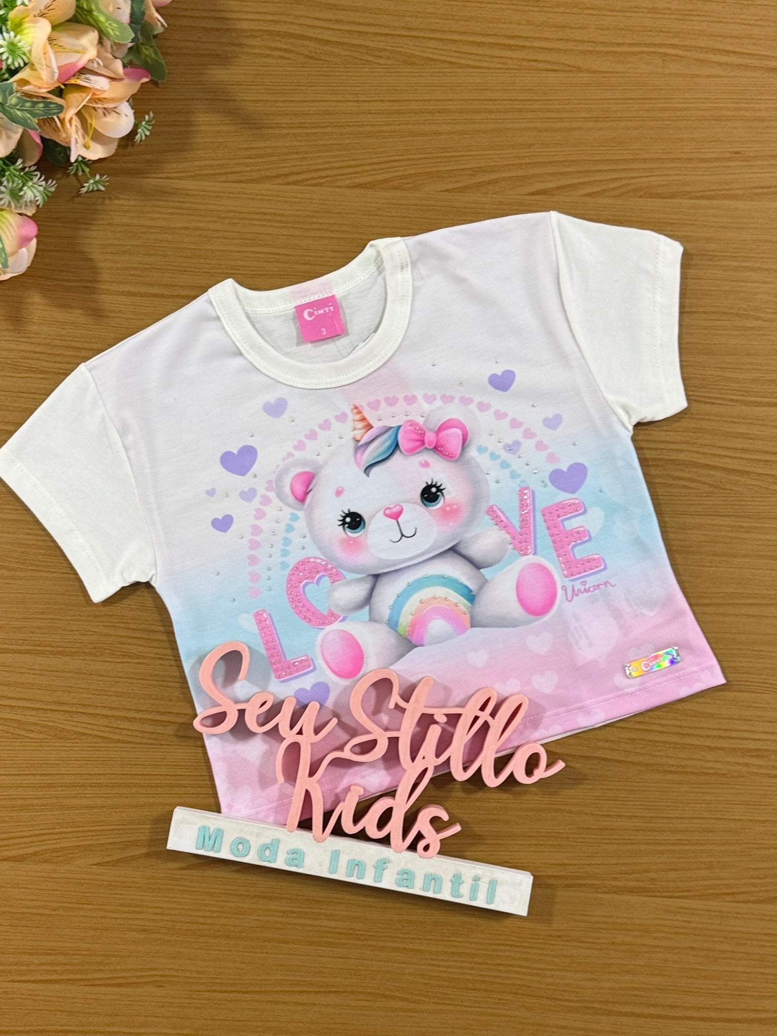 Blusa Infantil Cinti Verão Branca Ursinha Arco Íris
