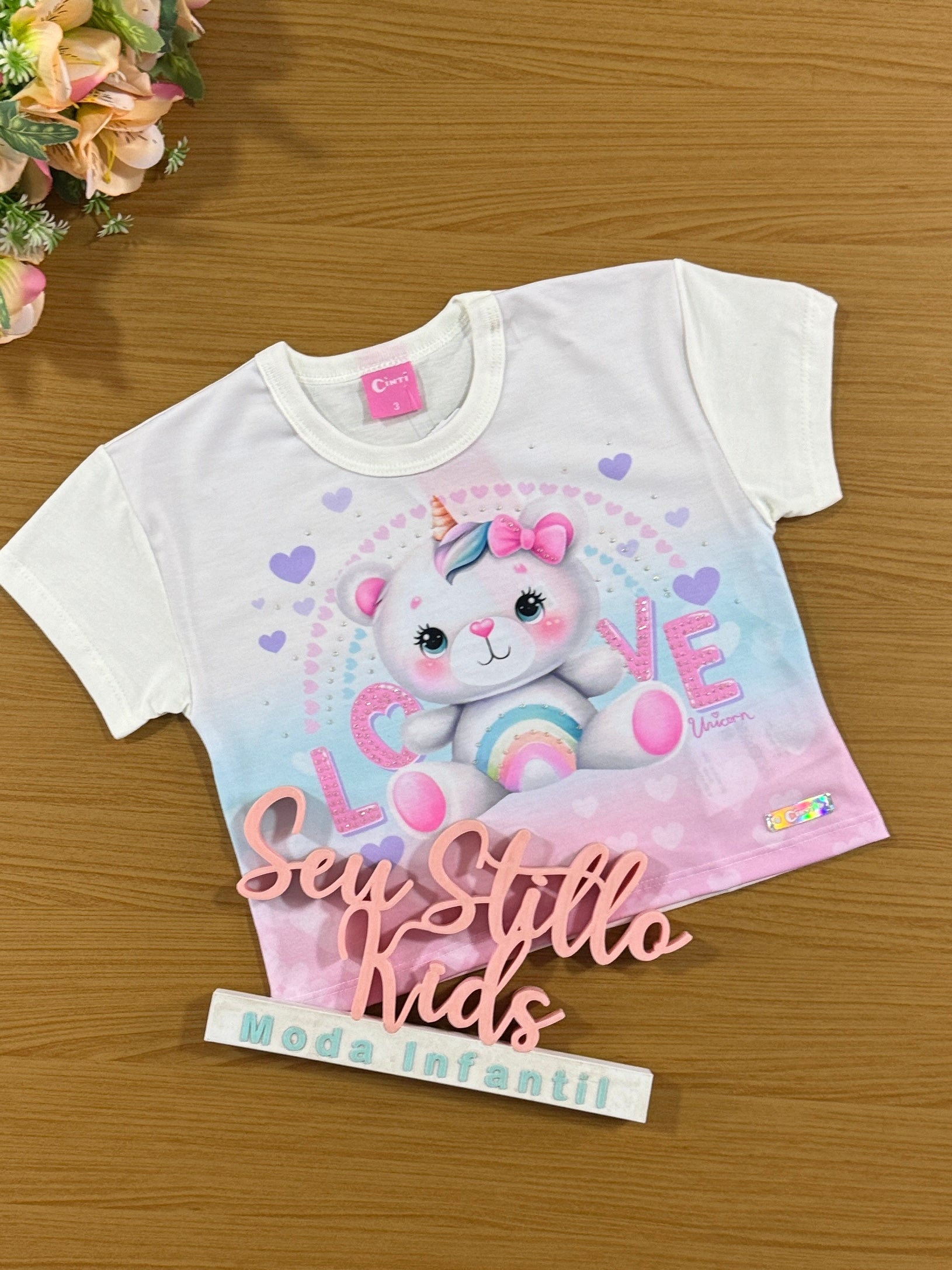 Blusa Infantil Cinti Verão Branca Ursinha Arco Íris