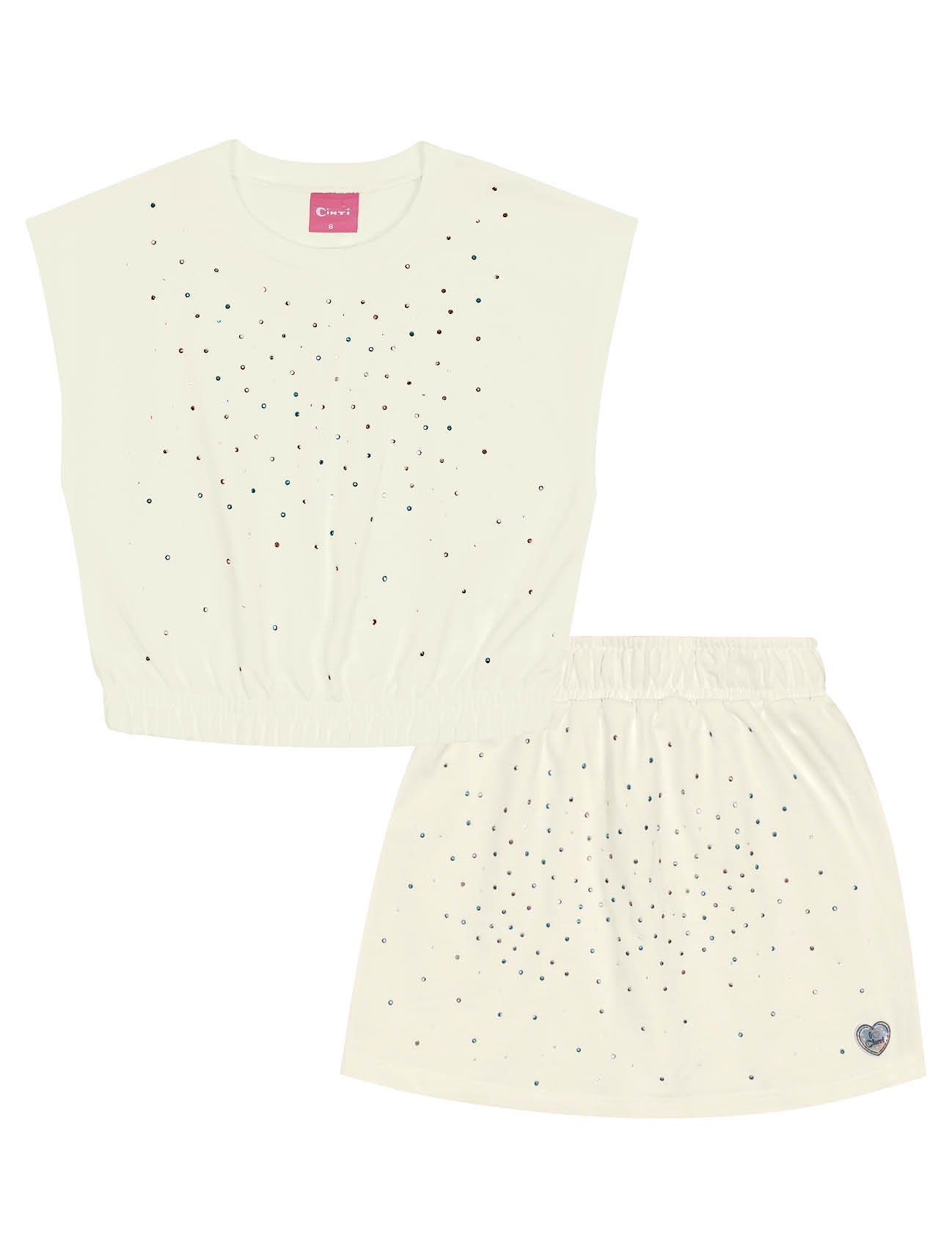 Conjunto Infantil Cinti Verão Shorts Saia e Blusa Off White Brilho