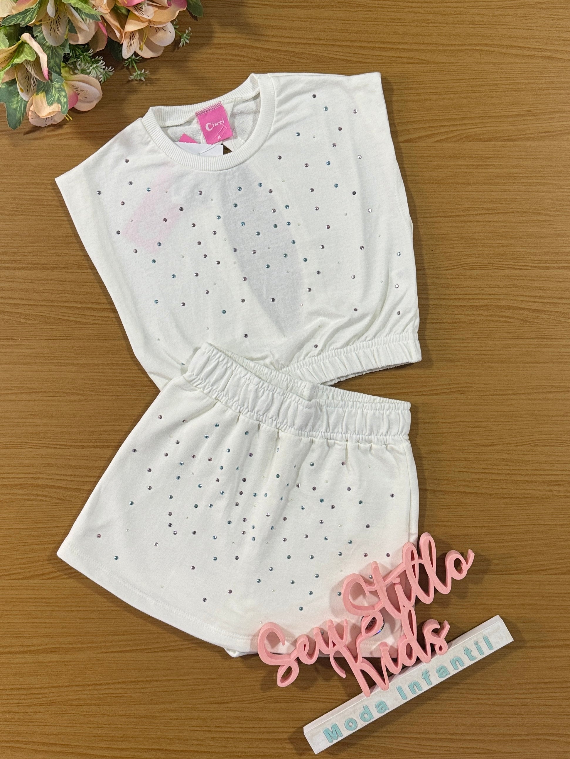 Conjunto Infantil Cinti Verão Shorts Saia e Blusa Off White Brilho