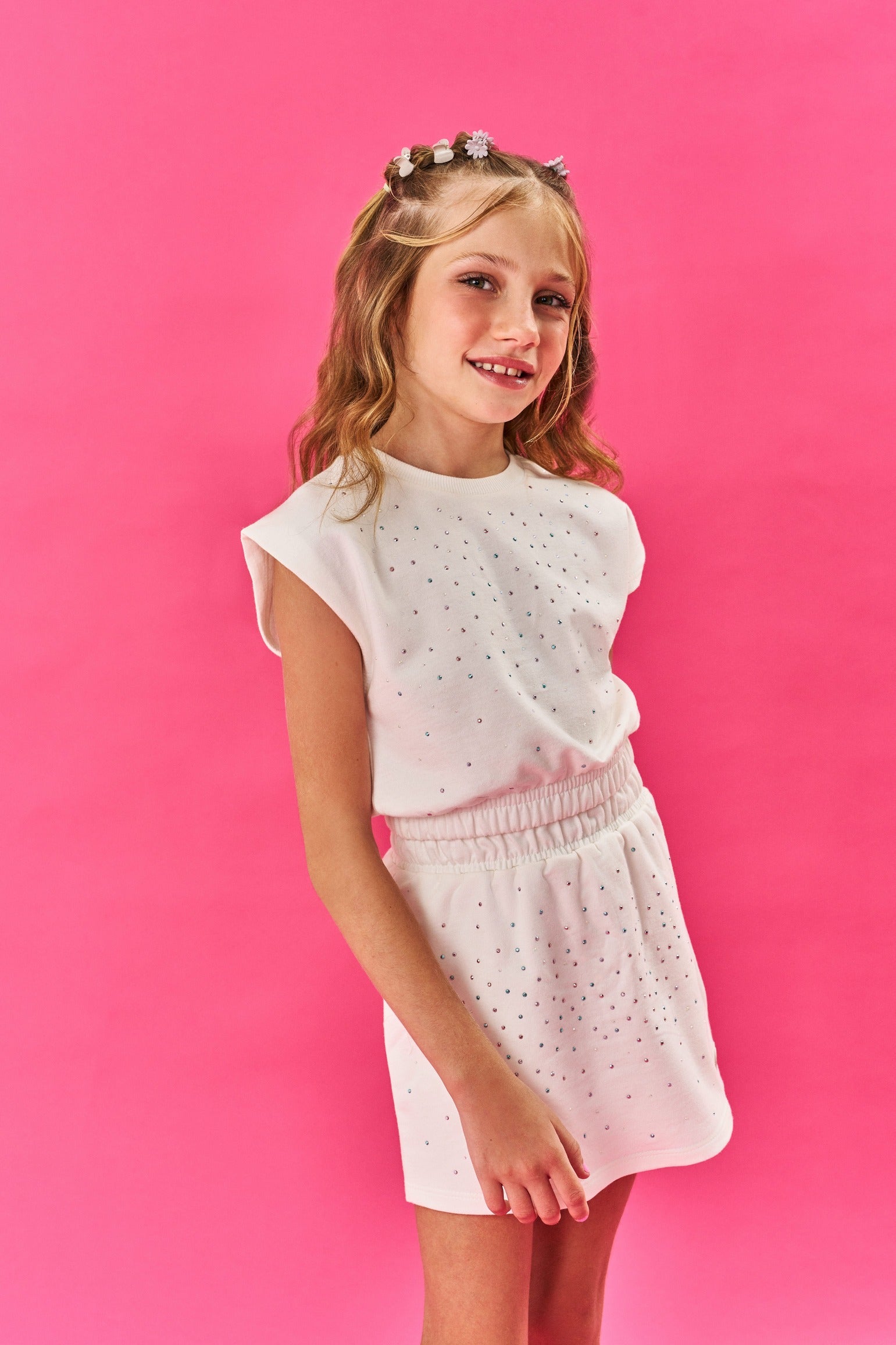 Conjunto Infantil Cinti Verão Shorts Saia e Blusa Off White Brilho