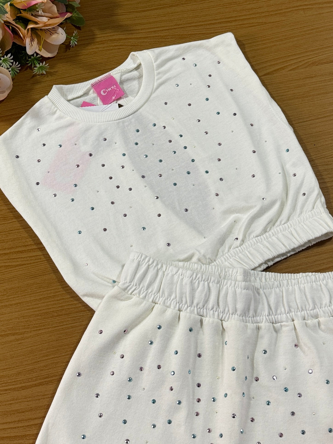 Conjunto Infantil Cinti Verão Shorts Saia e Blusa Off White Brilho